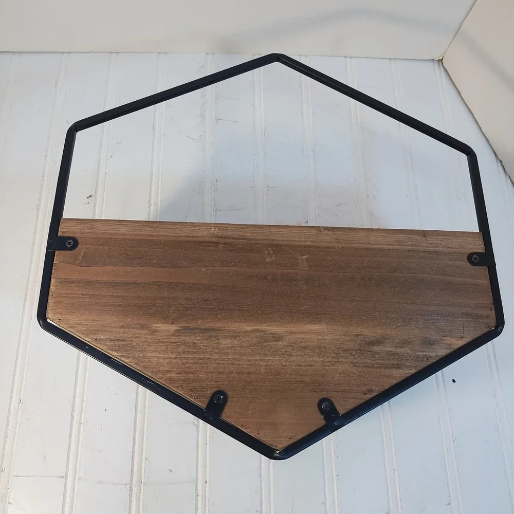 Hexagon Wood & Metal Wall Planter Floating Shelf Brown Black Geometric Decor